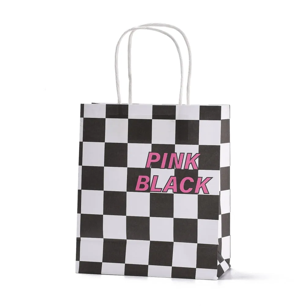 10 pc Plaid Paper Bags, with Handle, for Gift Bags and Shopping Bags, Rectangle, Black, 18.2x8x20.9cm