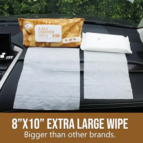 Air Jungles 3in1 Leather Cleaner Wipes 70 Count (Pack of 1), Extra Large 8" x 10" Size Leather Clean Condition Protect Wipes for Vinyl, Apparel Furniture Auto Car Interior Shoes Boots Bags