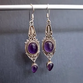 Amethyst Long Boho 925 Sterling Silver Earrings, E38A