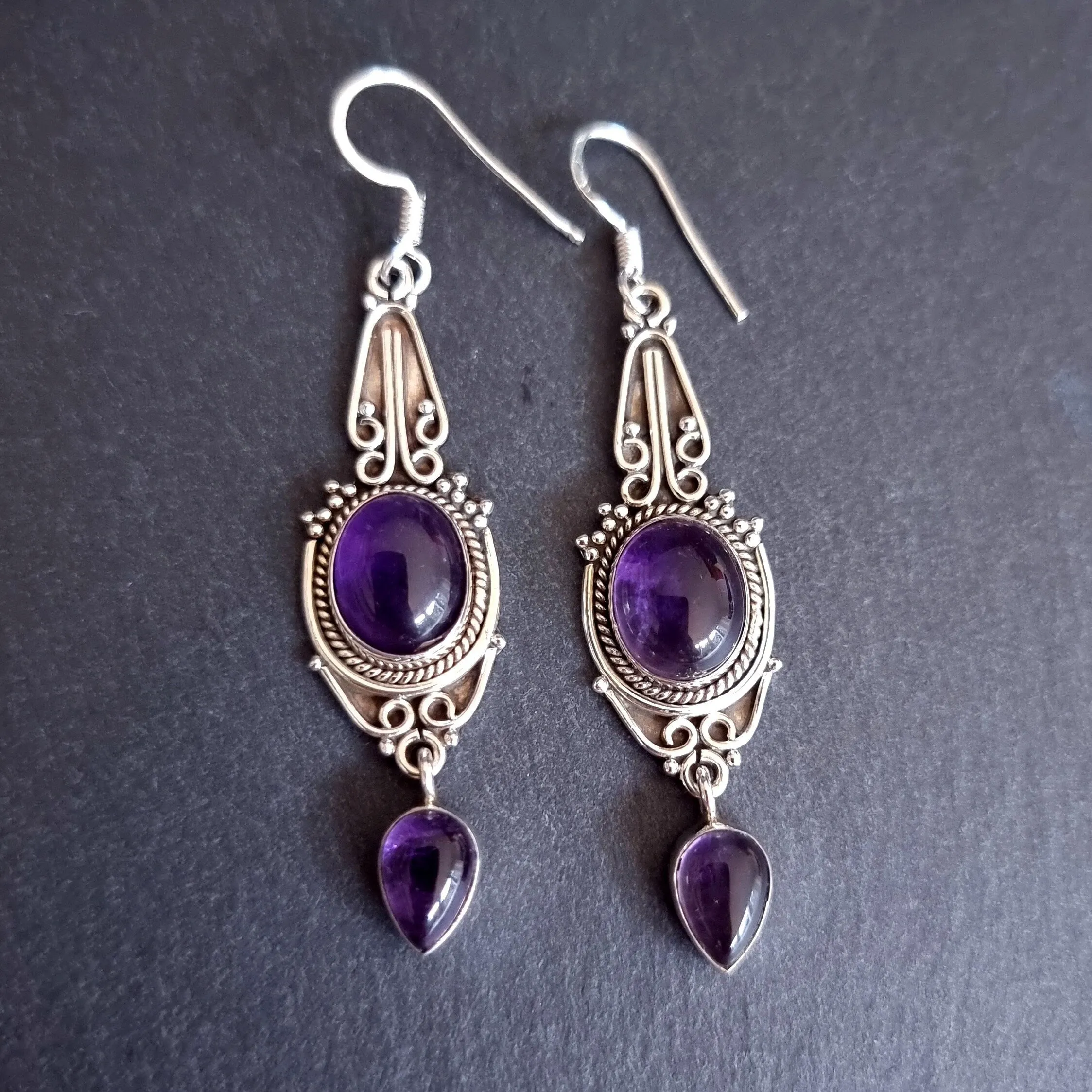 Amethyst Long Boho 925 Sterling Silver Earrings, E38A