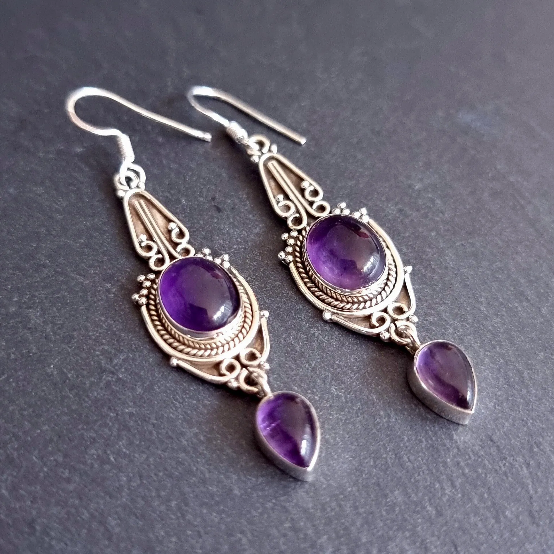 Amethyst Long Boho 925 Sterling Silver Earrings, E38A