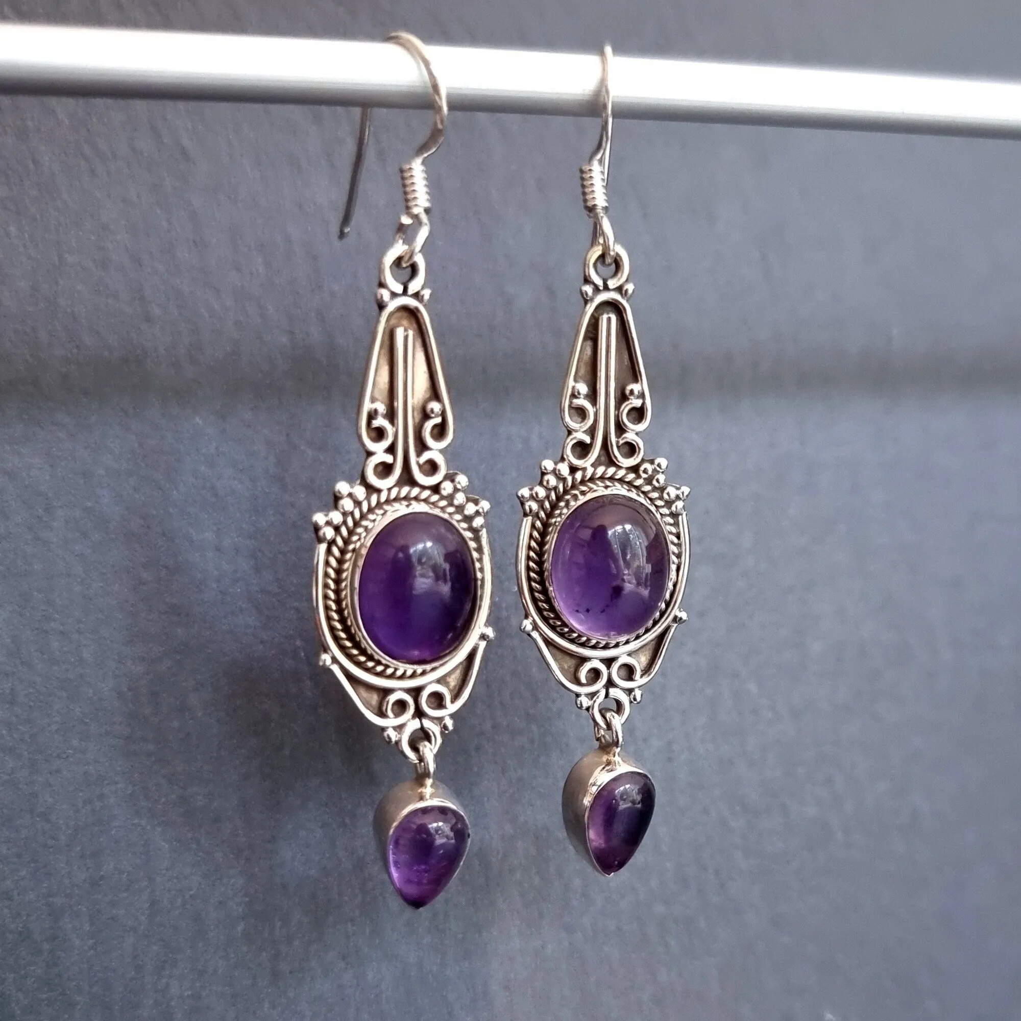 Amethyst Long Boho 925 Sterling Silver Earrings, E38A