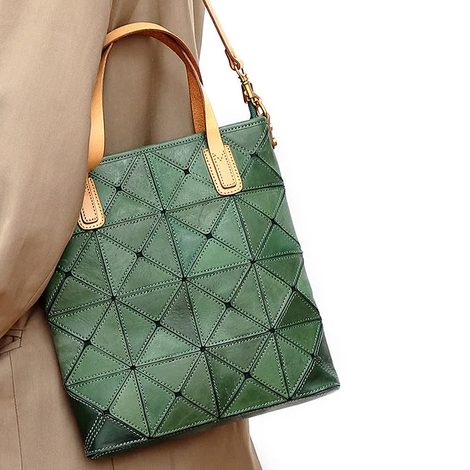 Argyle Splicing Vegetable-Tanned Leather Bag,Top Grain Leather Tote Crossbody Bag For Women