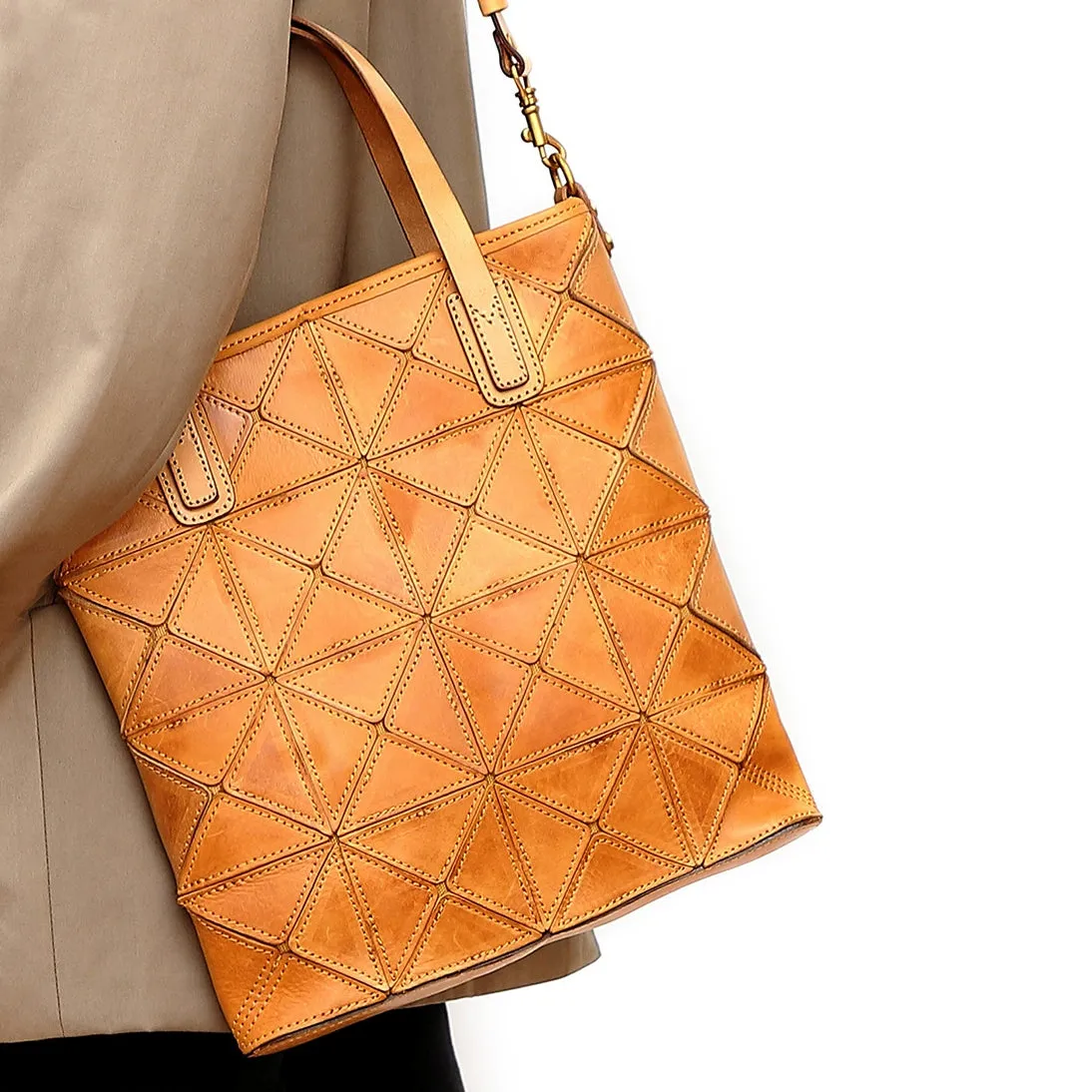 Argyle Splicing Vegetable-Tanned Leather Bag,Top Grain Leather Tote Crossbody Bag For Women