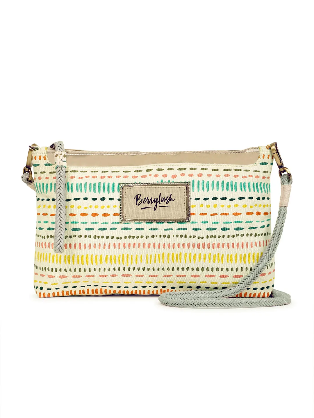 Berrylush Women White & Multicolour Geometric Printed Canvas Detachable Sling Strap Small Boho Clutch/Sling Bag