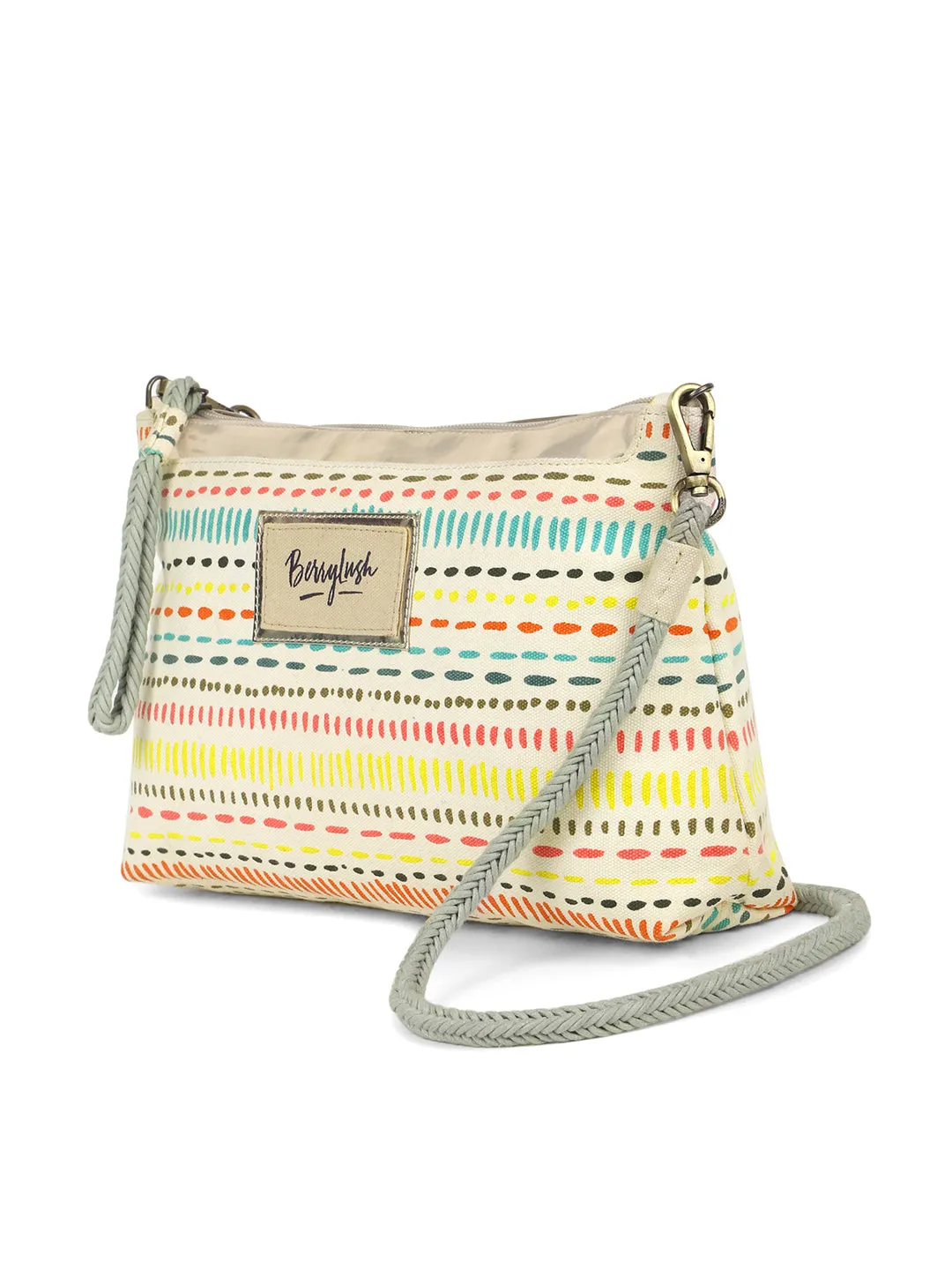 Berrylush Women White & Multicolour Geometric Printed Canvas Detachable Sling Strap Small Boho Clutch/Sling Bag