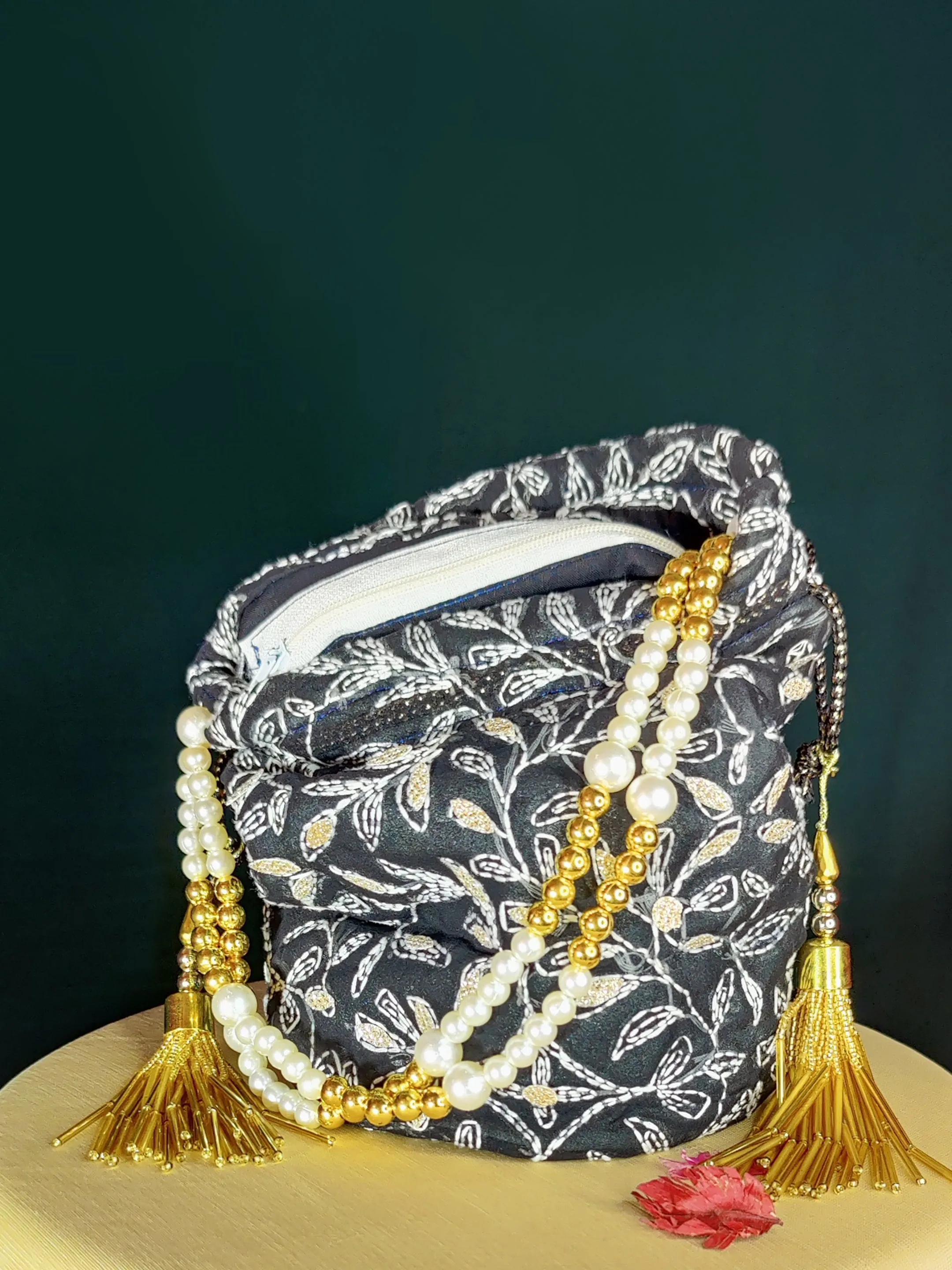 Black Kota Chikankari Potli Bag with Tassels