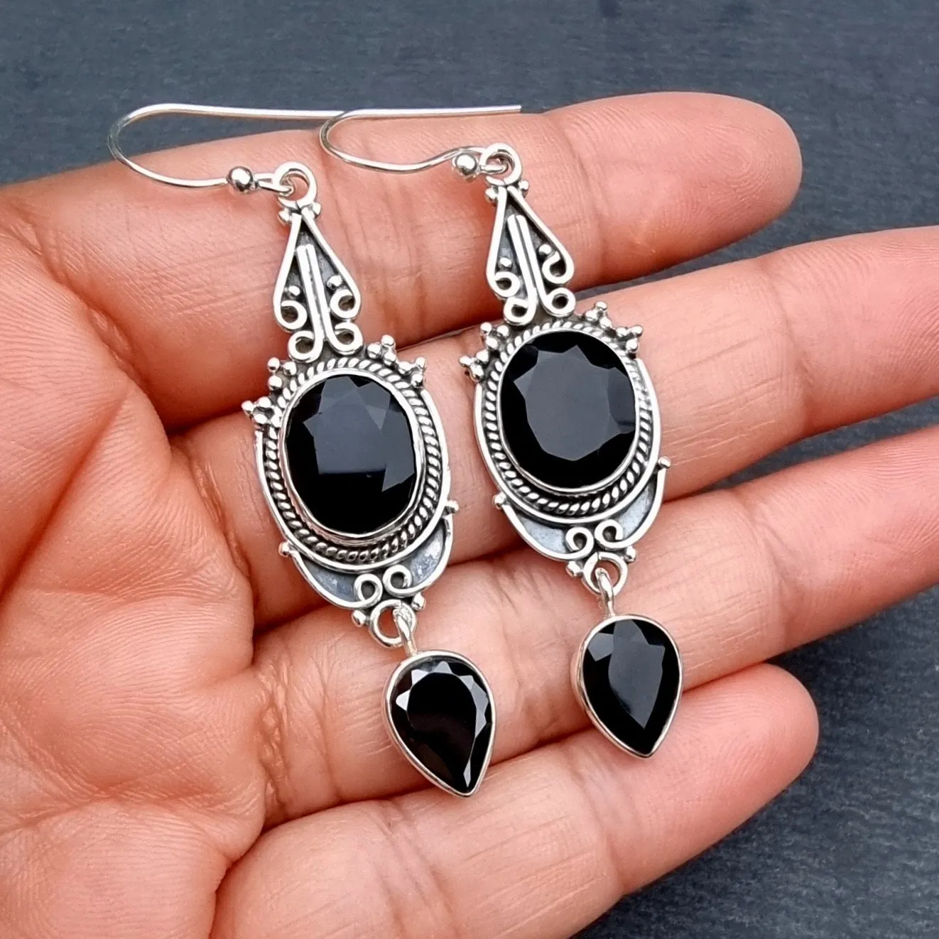 Boho Black Onyx Facetted Long 925 Silver Earrings, E38O