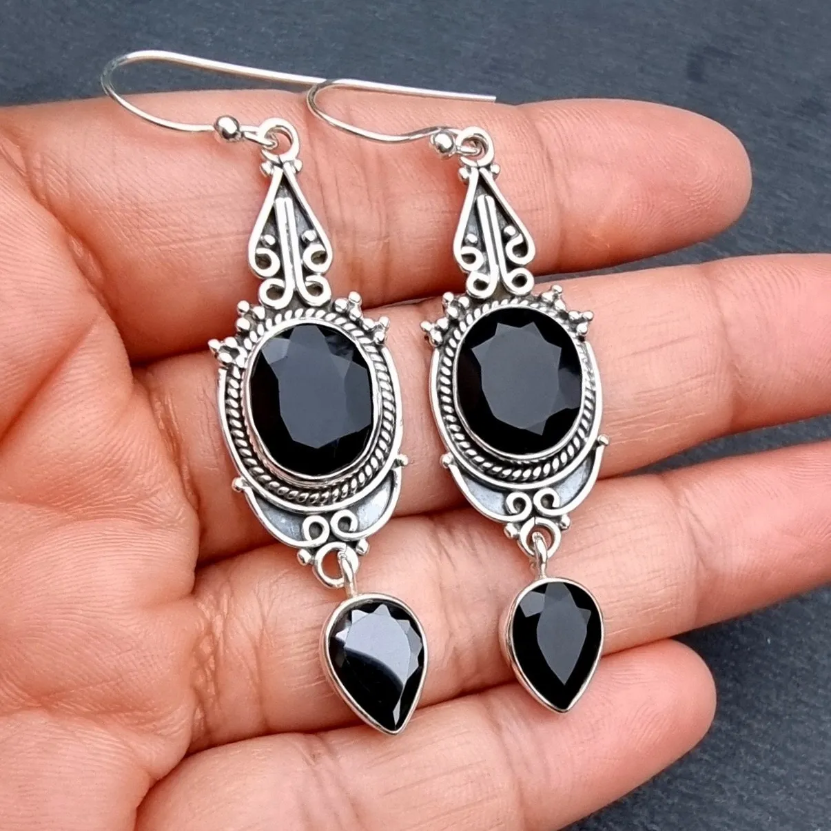 Boho Black Onyx Facetted Long 925 Silver Earrings, E38O