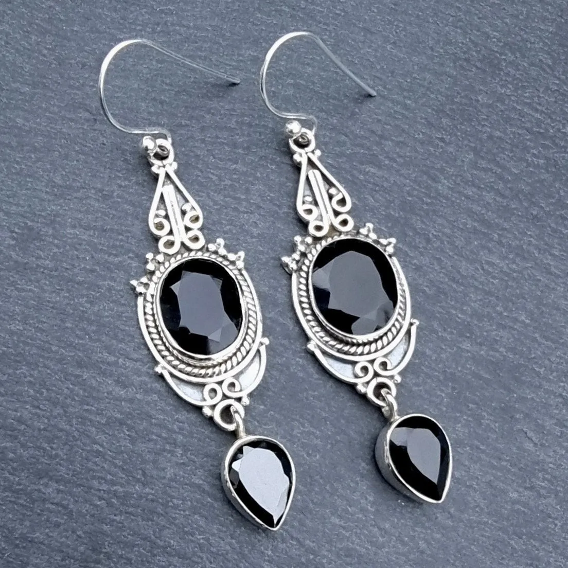 Boho Black Onyx Facetted Long 925 Silver Earrings, E38O