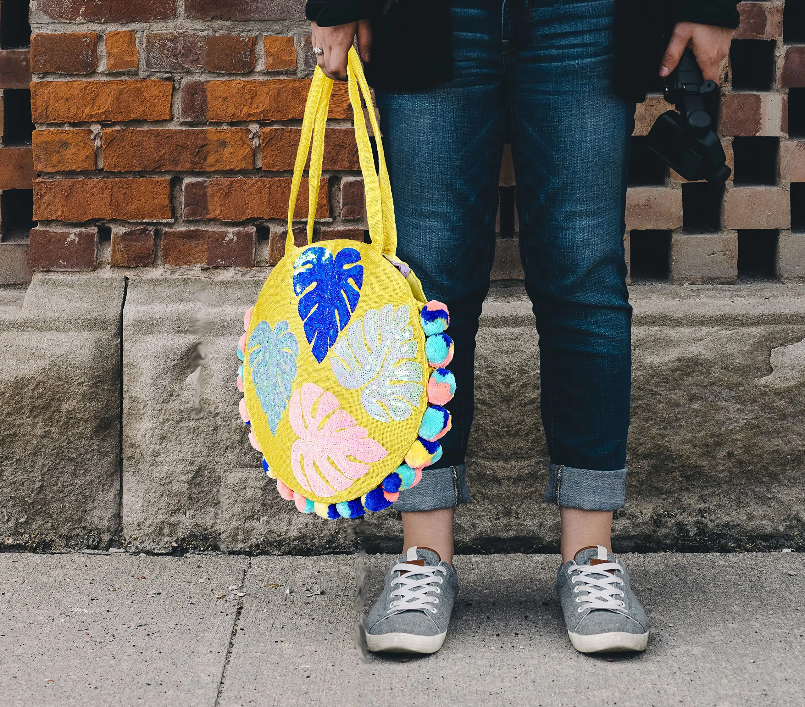 Boho Girl Multicolor Cotton Palm Leaves Jute Round Tote | Boho Beach Bags For Women and Girls