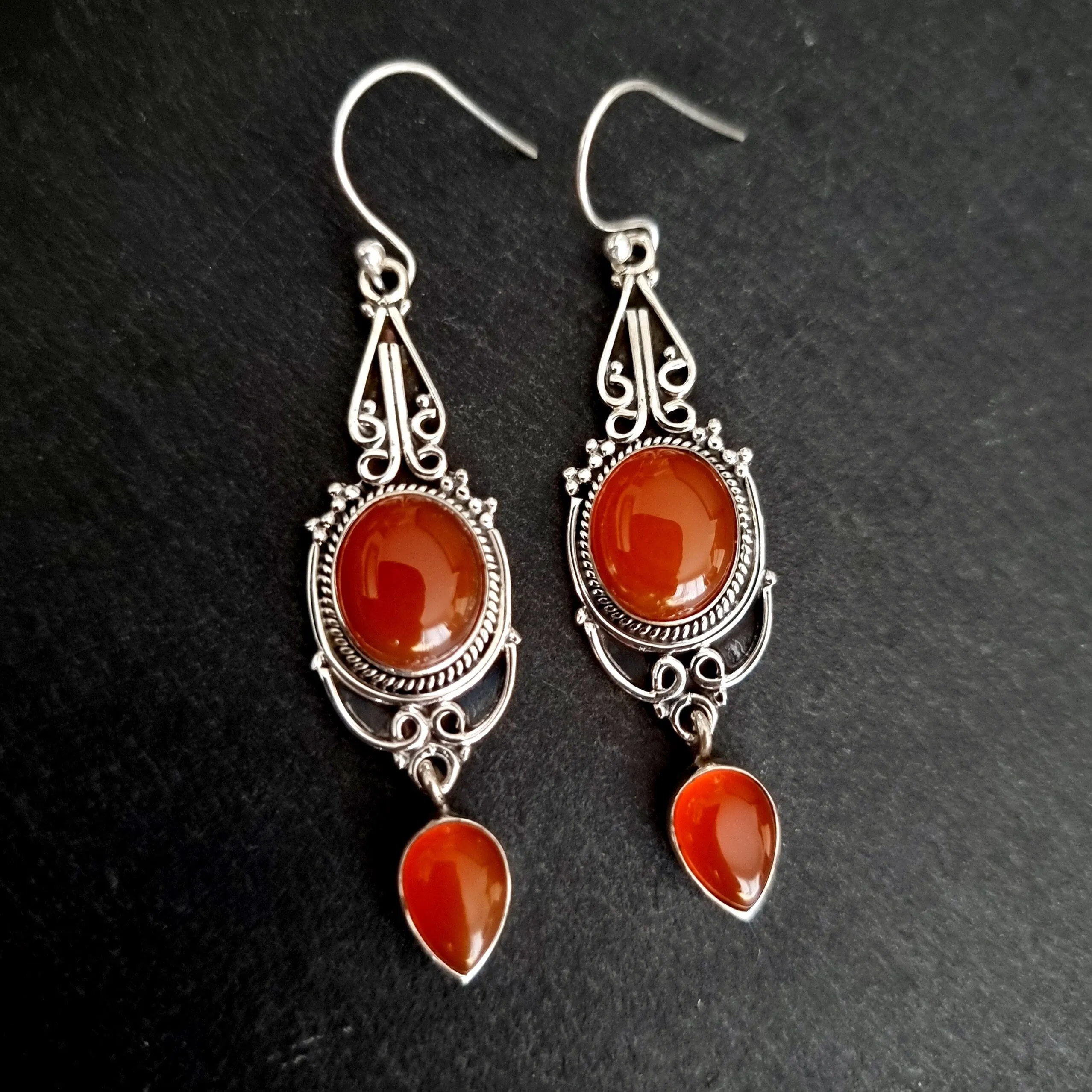 Boho Long Carnelian Oxidised Sterling Silver Earrings, E38CARN