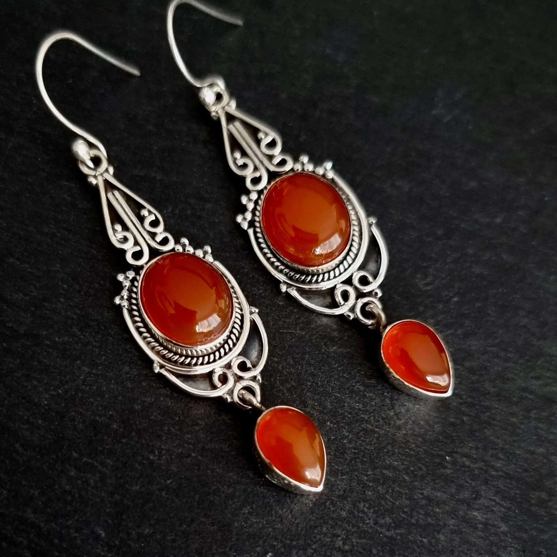 Boho Long Carnelian Oxidised Sterling Silver Earrings, E38CARN