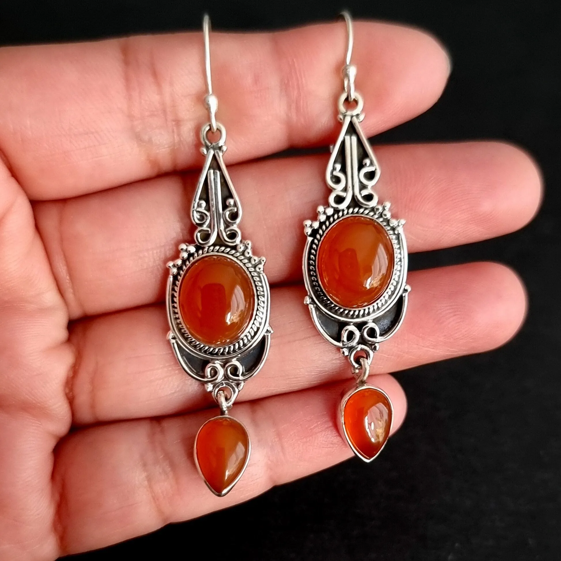 Boho Long Carnelian Oxidised Sterling Silver Earrings, E38CARN