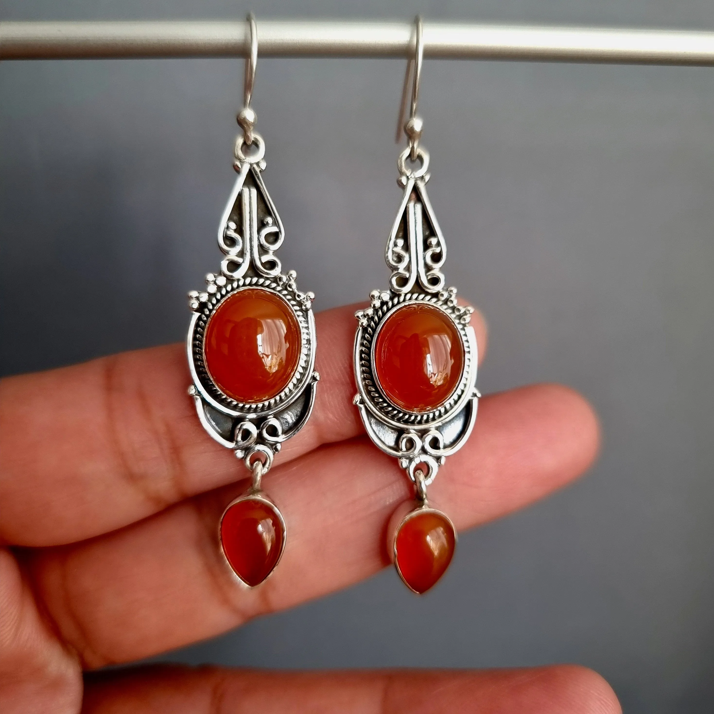 Boho Long Carnelian Oxidised Sterling Silver Earrings, E38CARN