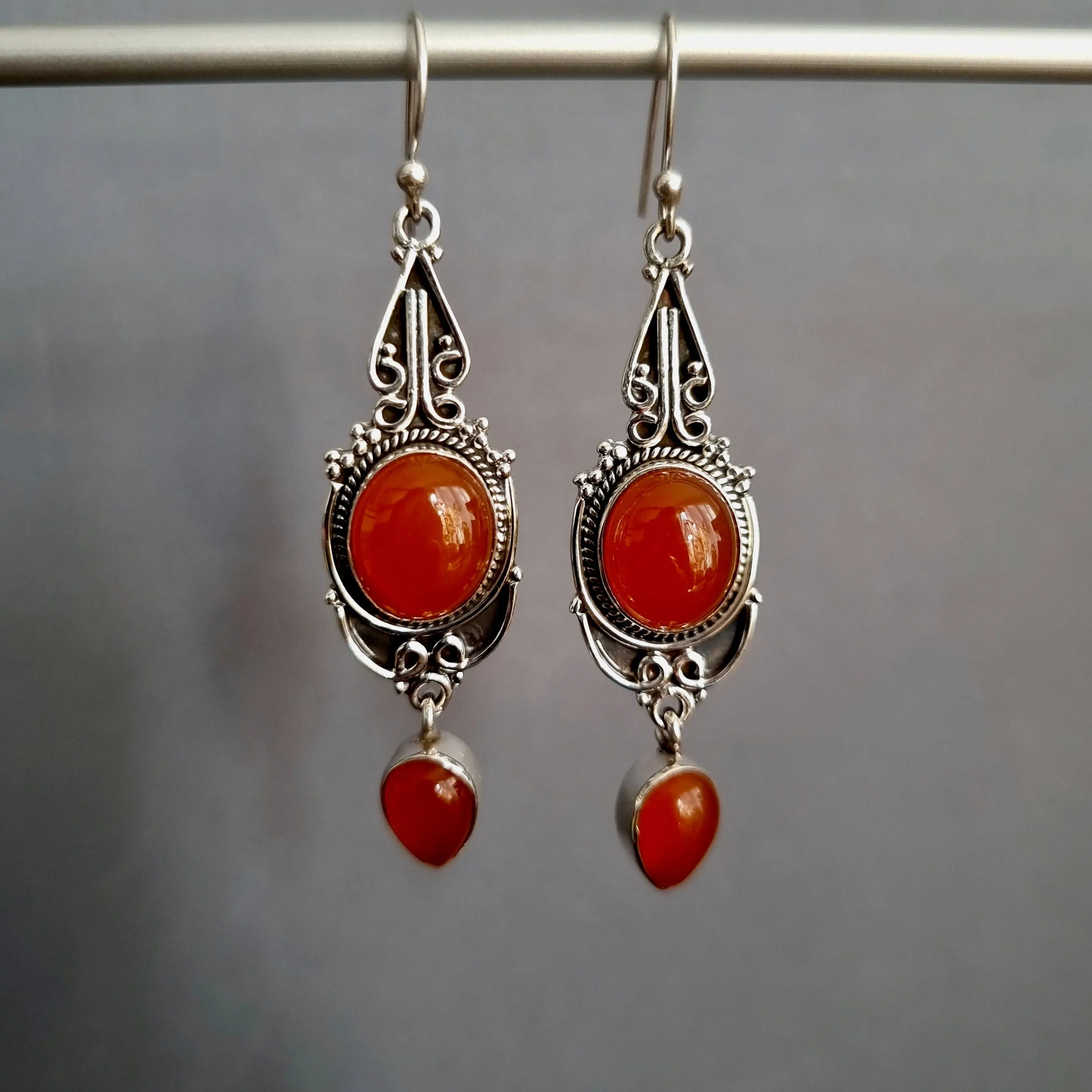 Boho Long Carnelian Oxidised Sterling Silver Earrings, E38CARN