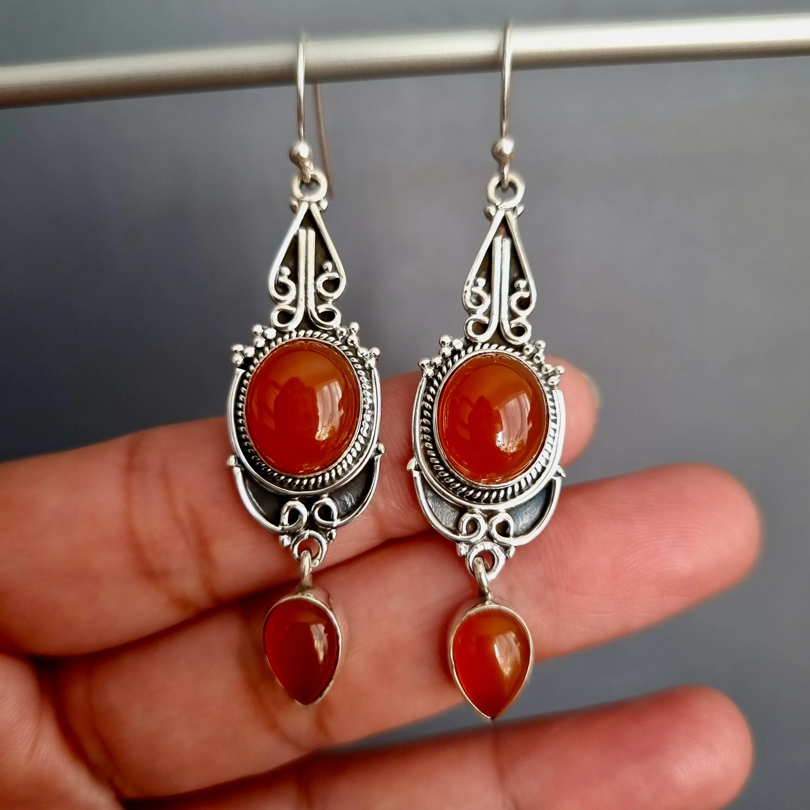 Boho Long Carnelian Oxidised Sterling Silver Earrings, E38CARN