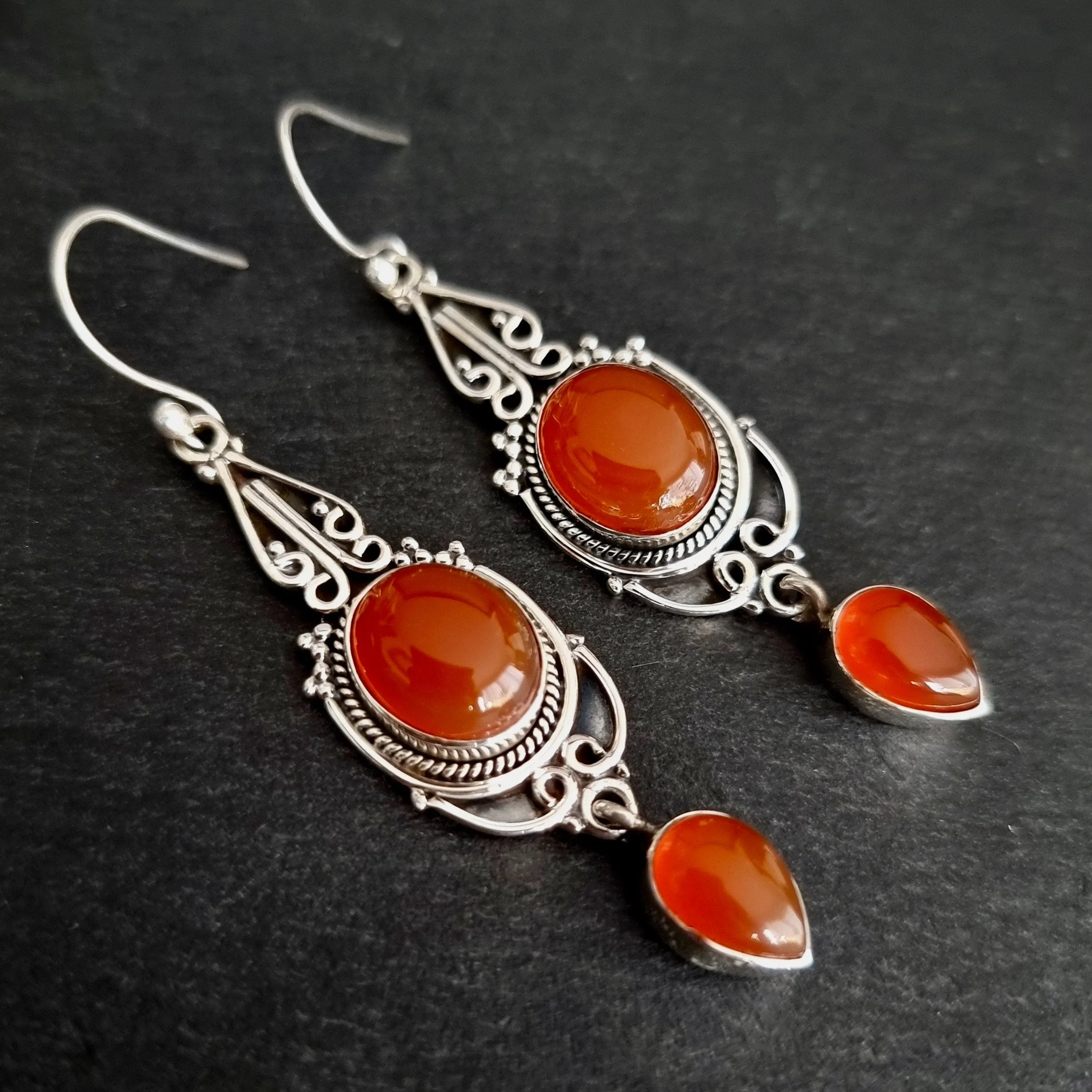 Boho Long Carnelian Oxidised Sterling Silver Earrings, E38CARN