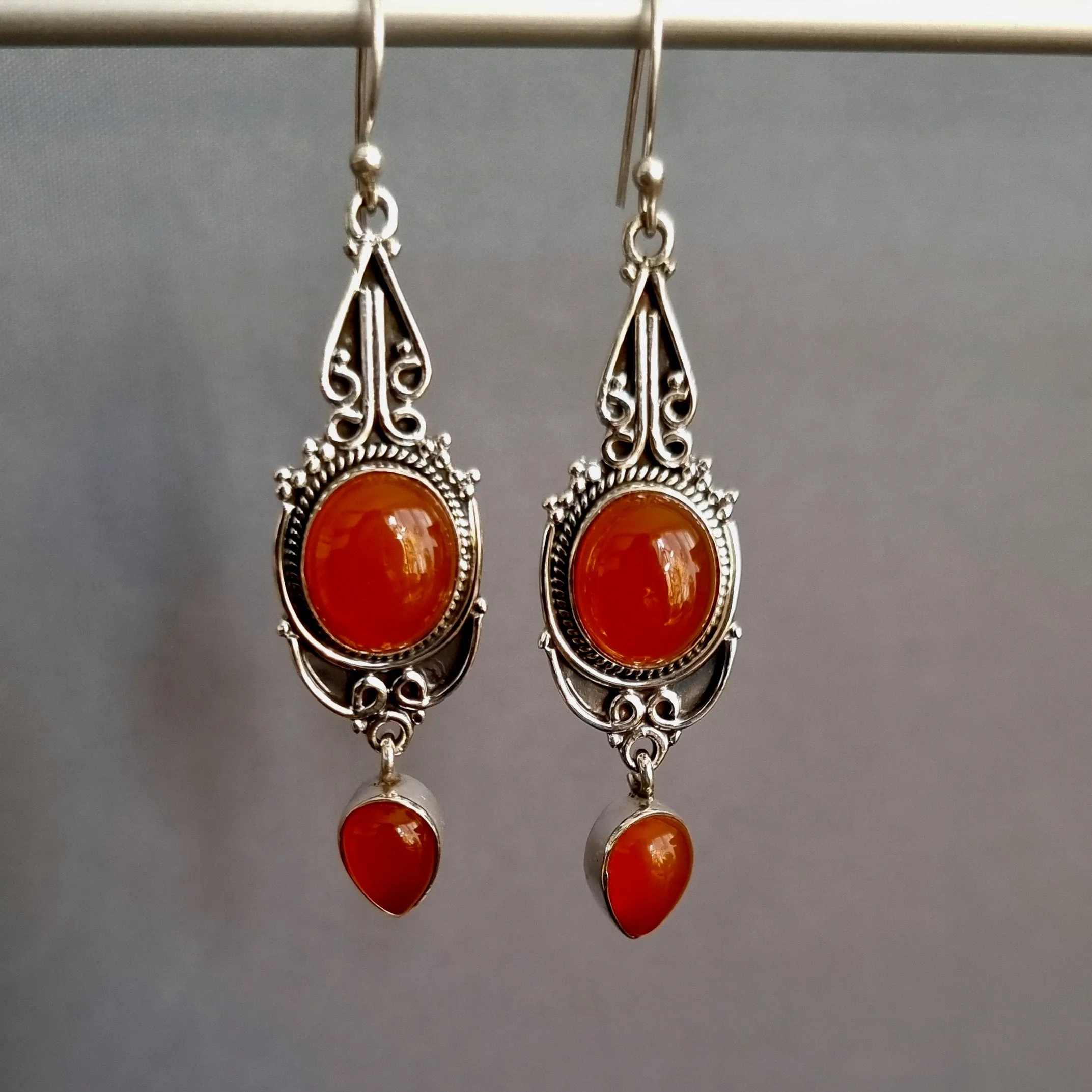 Boho Long Carnelian Oxidised Sterling Silver Earrings, E38CARN