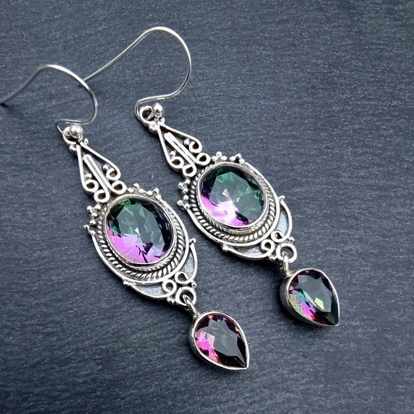 Boho Long Mystic Topaz Sterling Silver Earrings, E38MT