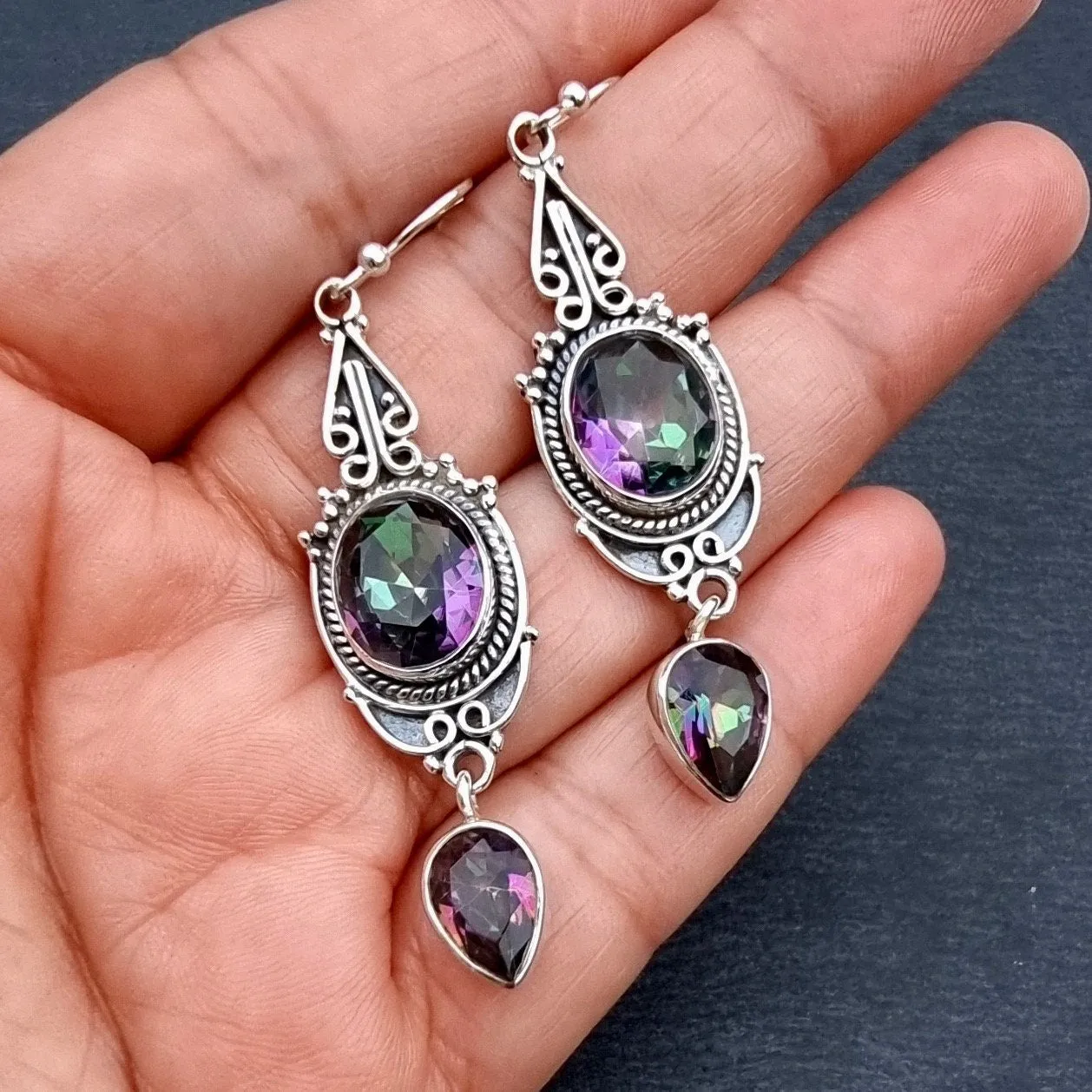 Boho Long Mystic Topaz Sterling Silver Earrings, E38MT