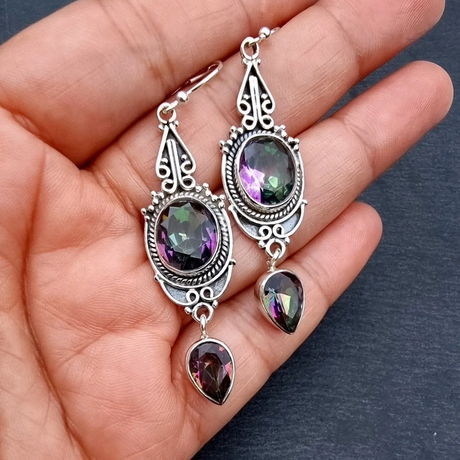 Boho Long Mystic Topaz Sterling Silver Earrings, E38MT