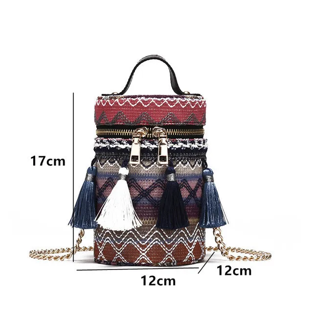 Boho Weave Ethnic Tassel Barrel Shaped Bag