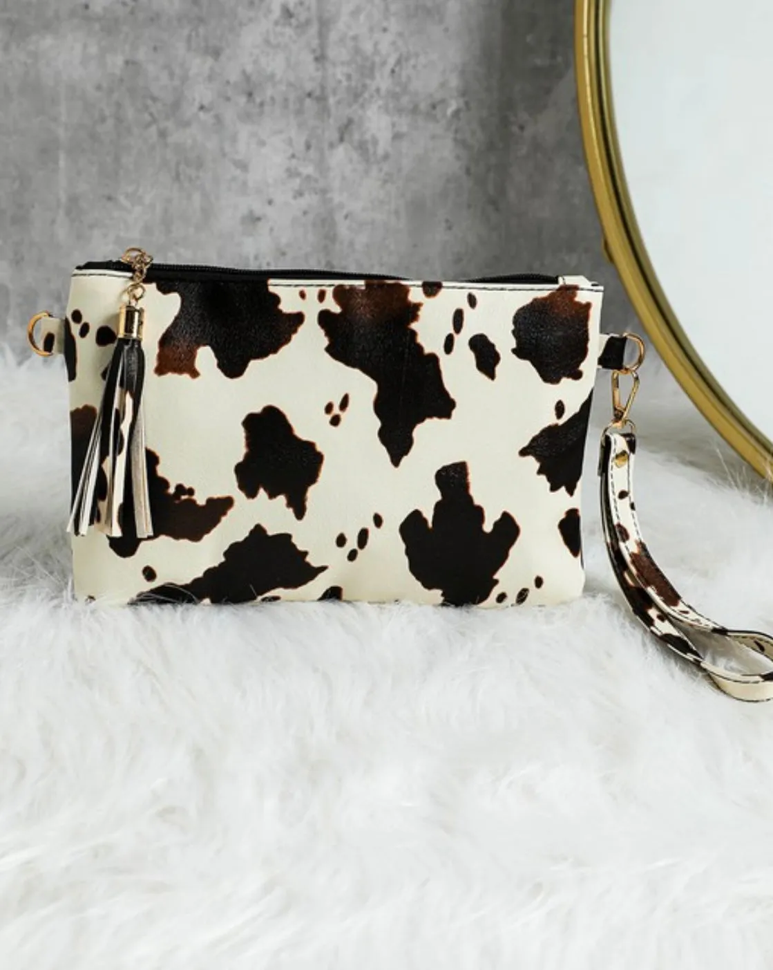 Cow Print Wristlet Clutch Bag w/Zipper Closure & Tassel