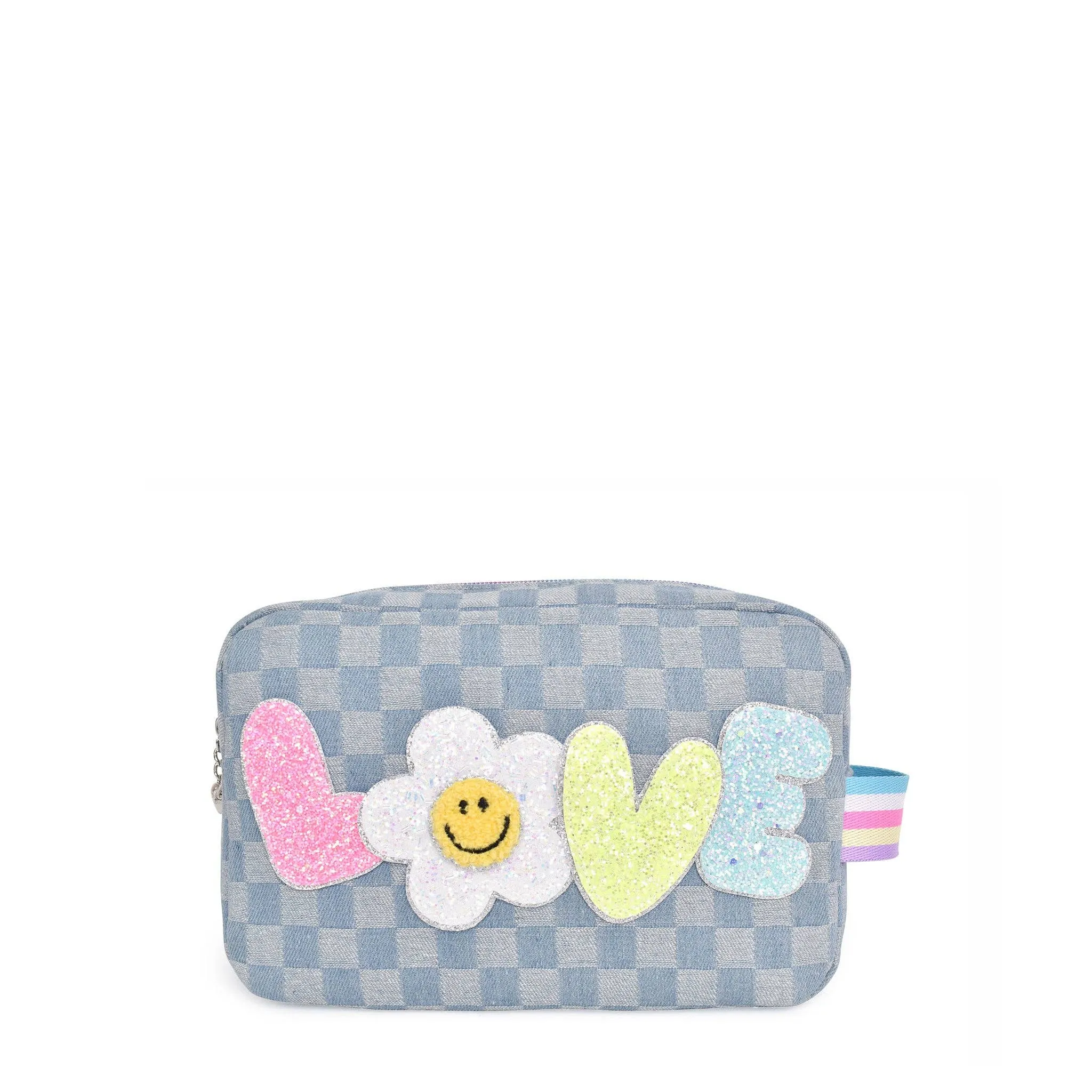 Denim Checkered Daisy Pouch - Love