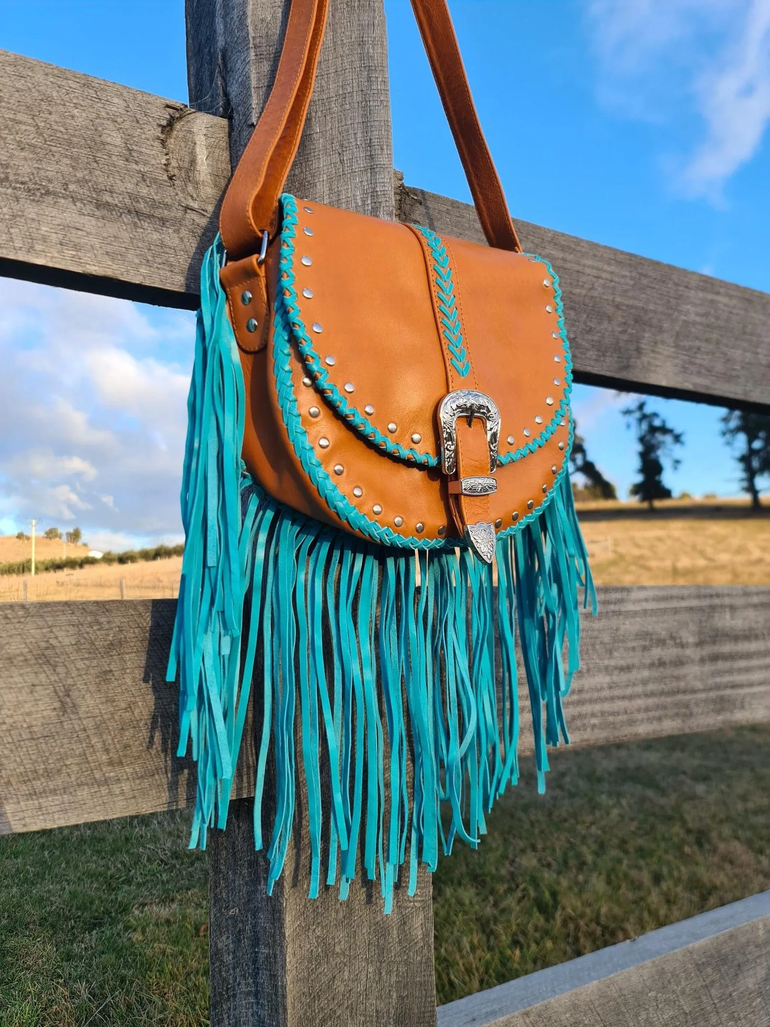 Esmeralda Cross Body Bag - Tan/Turquoise