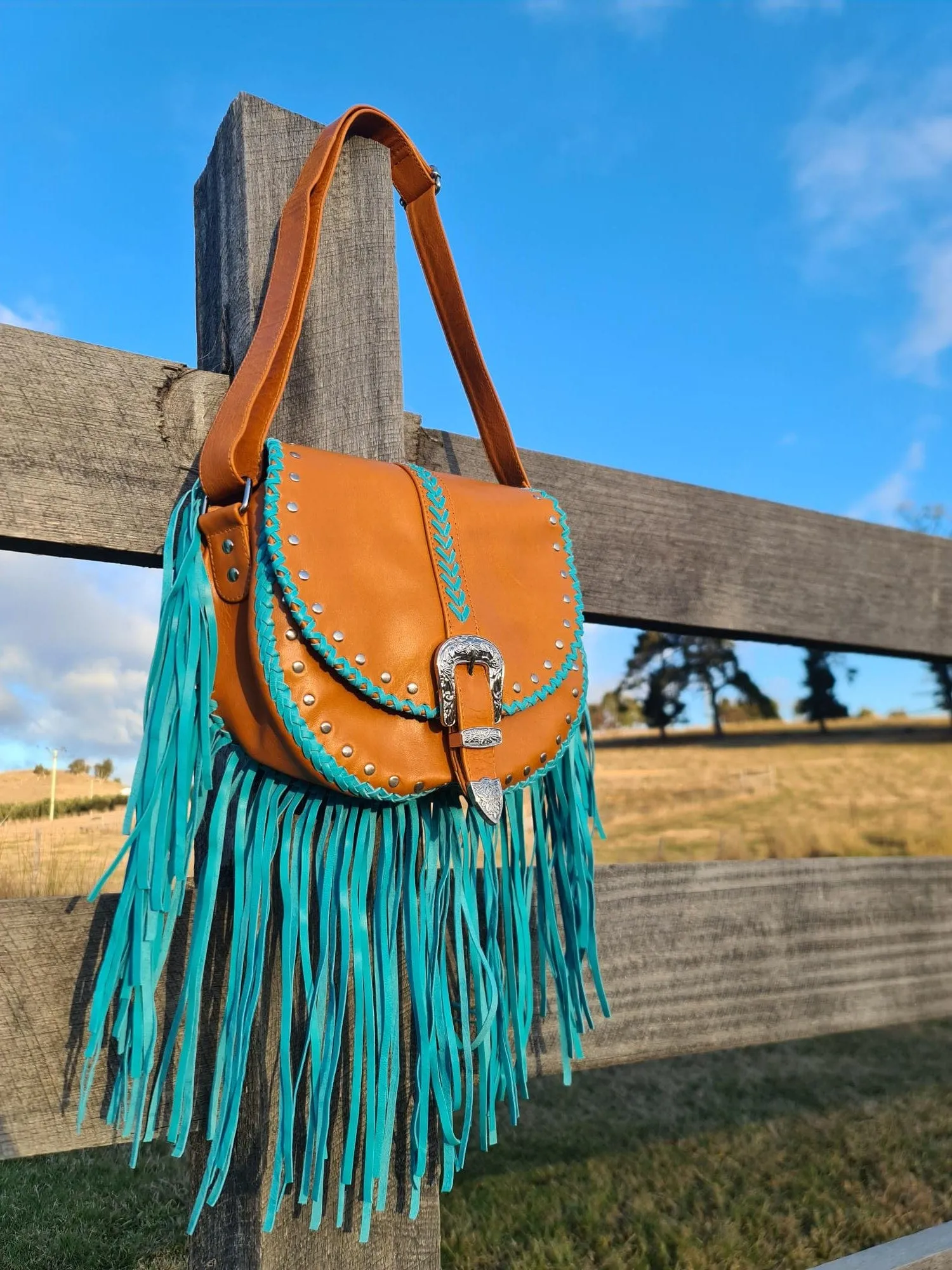 Esmeralda Cross Body Bag - Tan/Turquoise