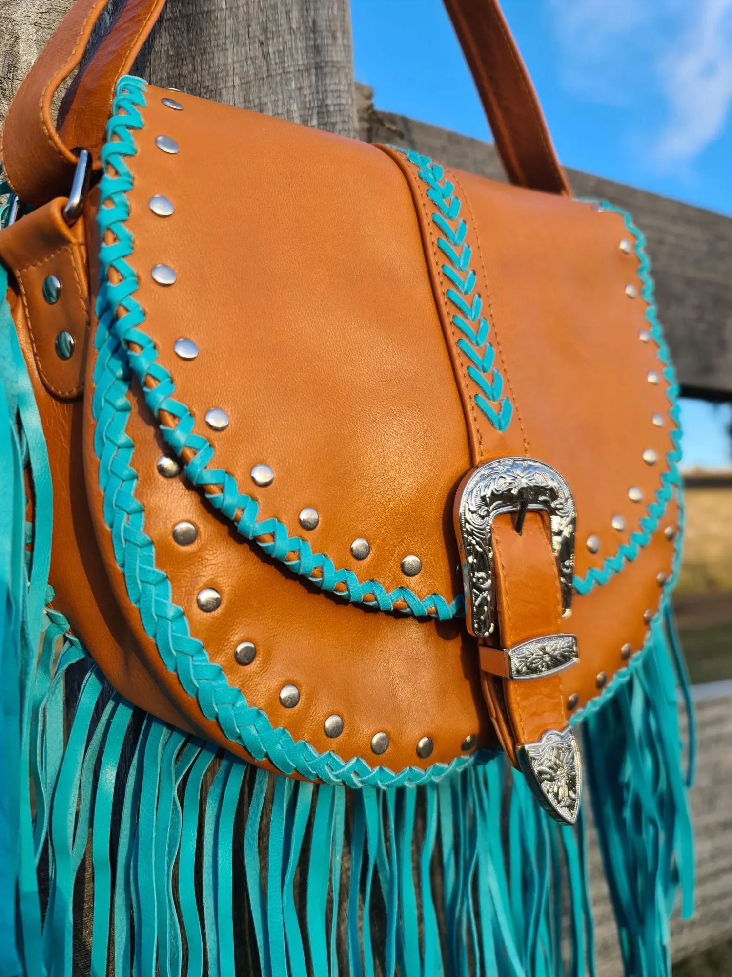 Esmeralda Cross Body Bag - Tan/Turquoise