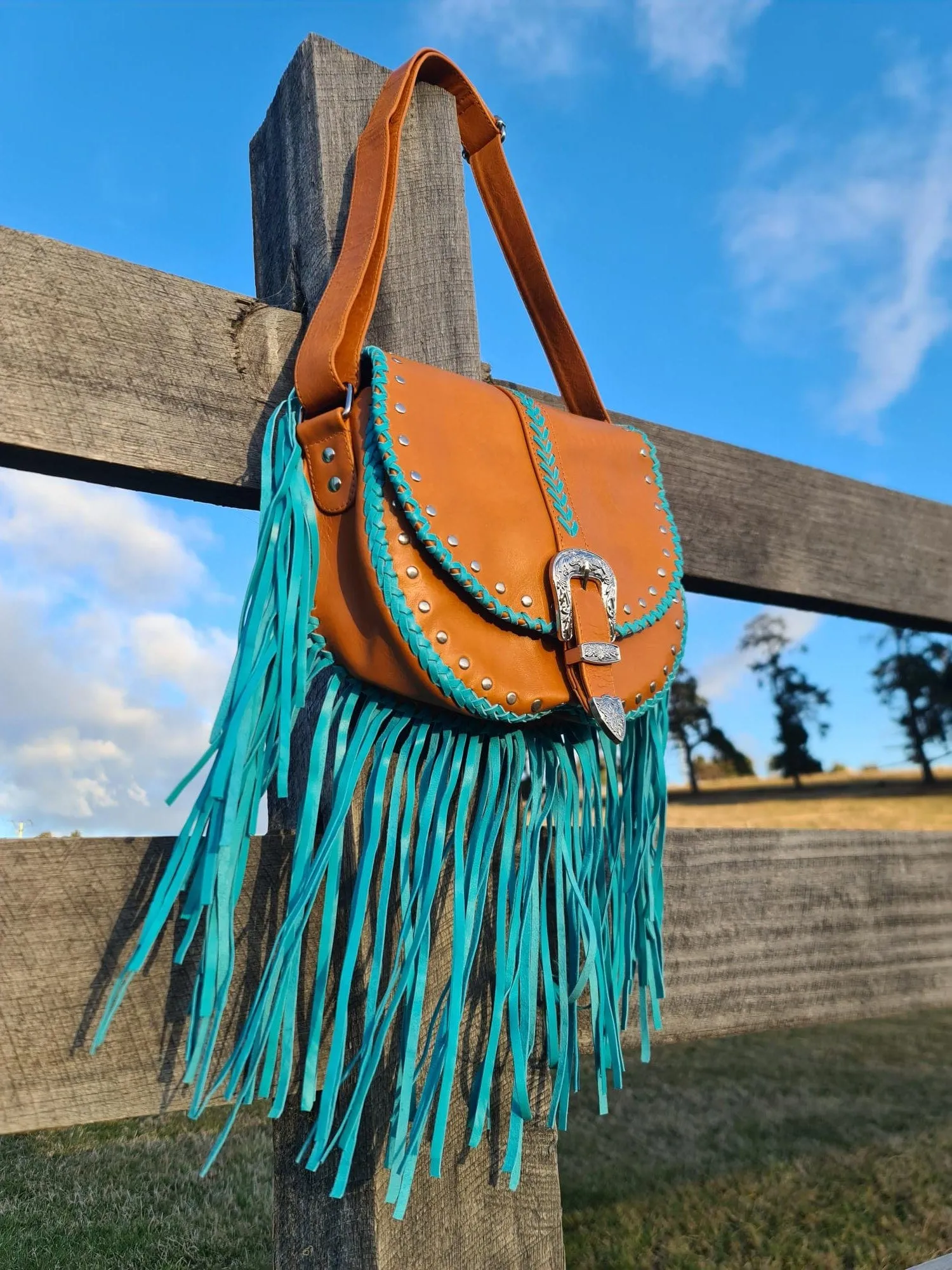 Esmeralda Cross Body Bag - Tan/Turquoise