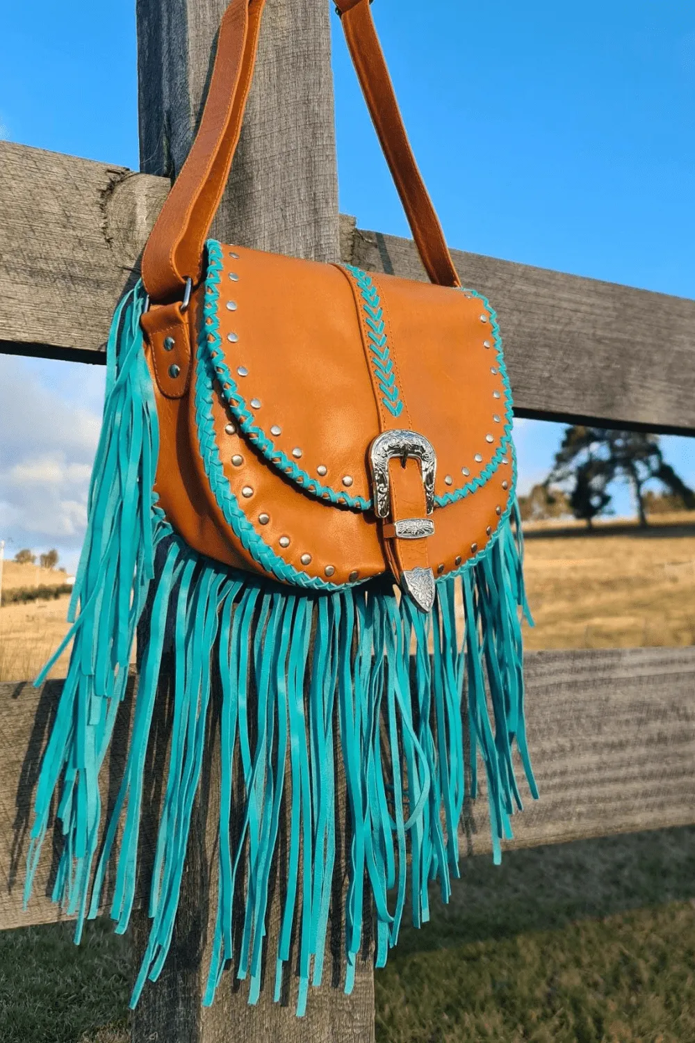 Esmeralda Cross Body Bag - Tan/Turquoise