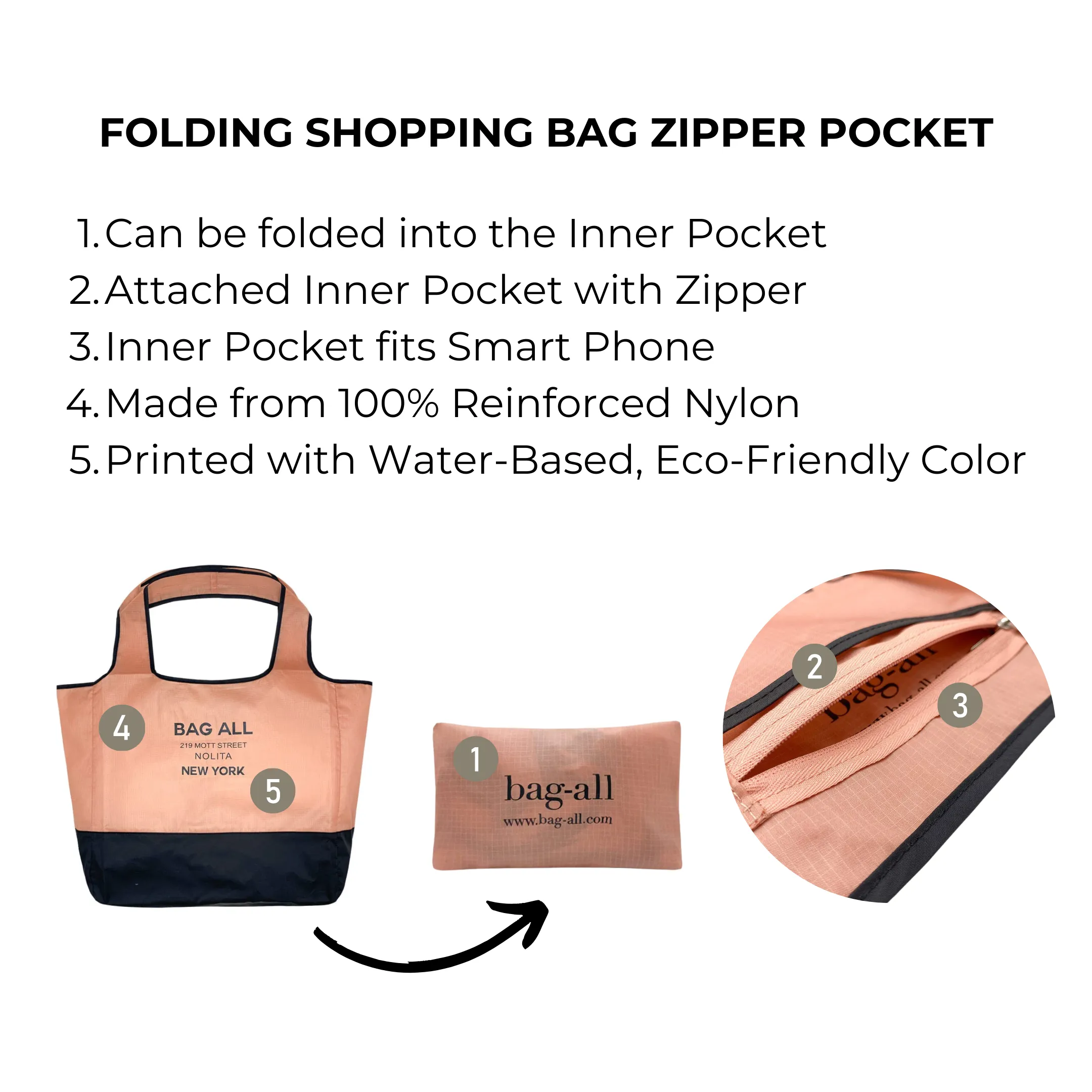 Folding Shopping Bag, Zipper Pocket Pouch