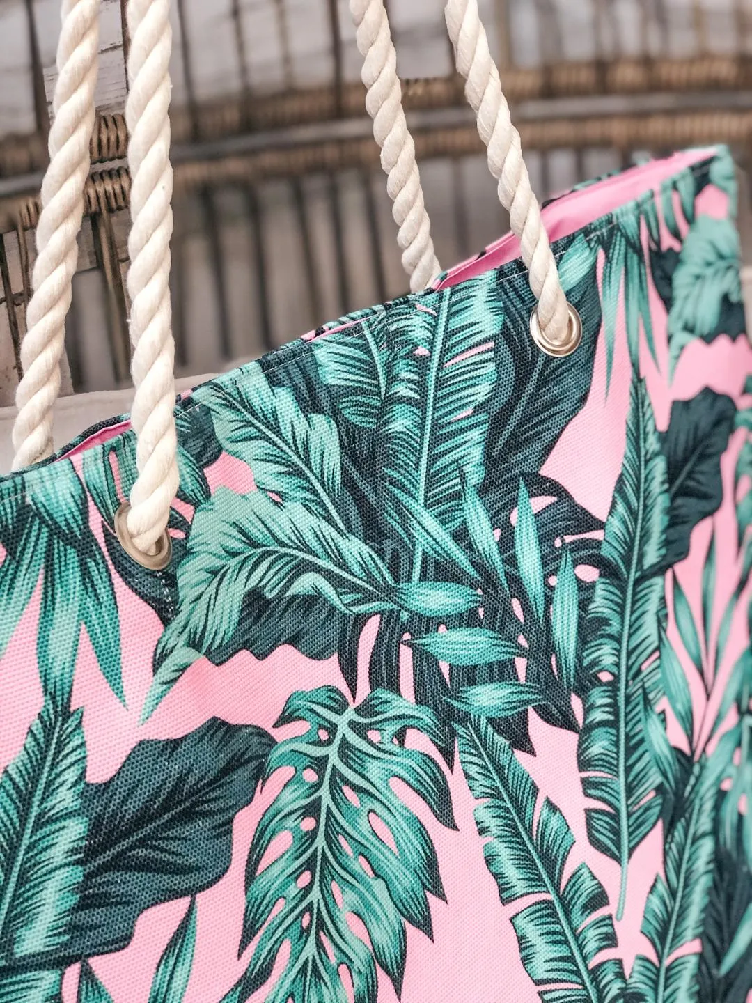 Green Palm Leaf Tote Bag with Rope Straps in Pink