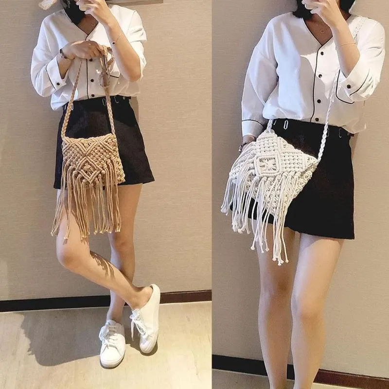 Handmade Cotton Rope Woven Tassel Shoulder Bag