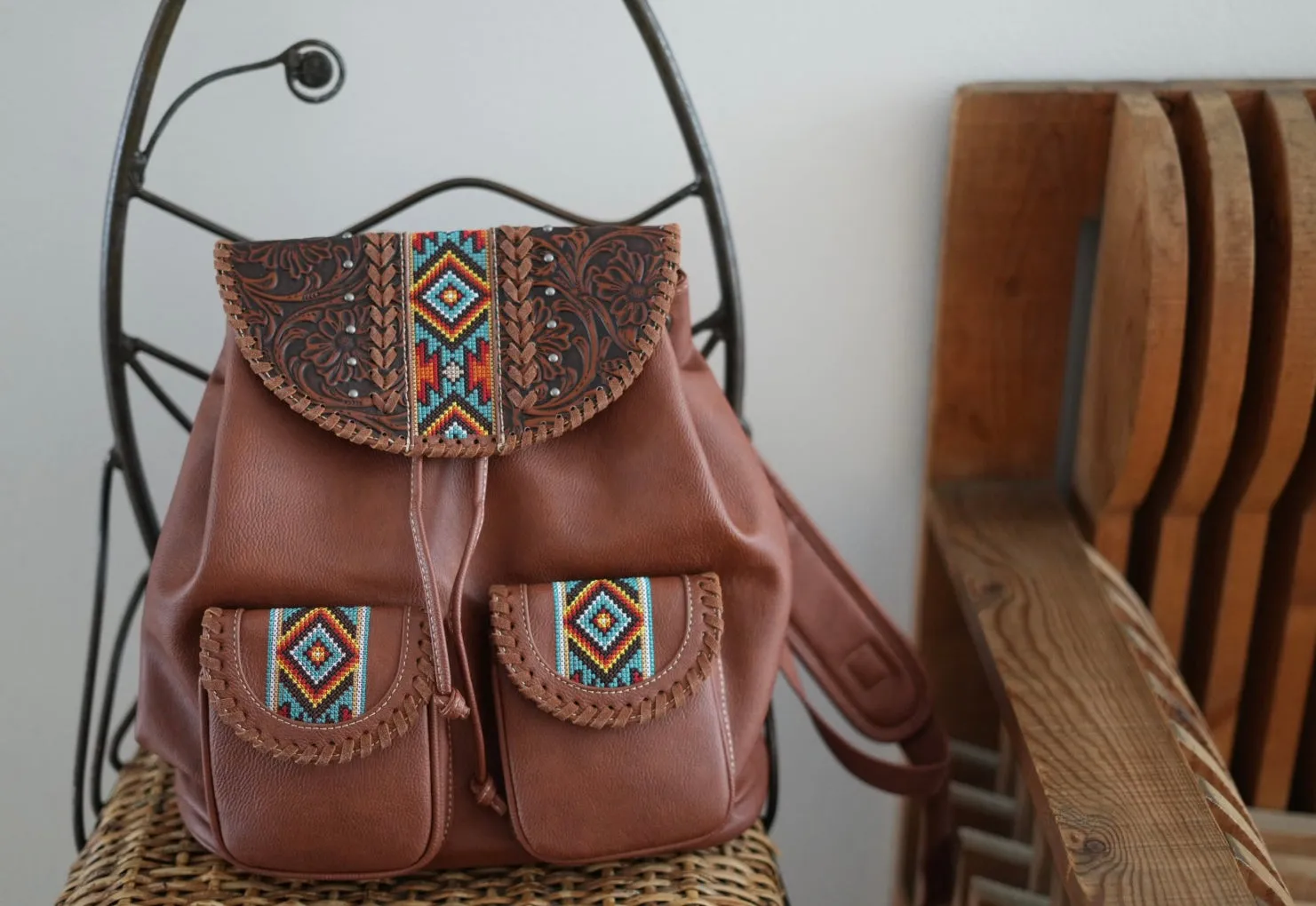 Kitty Leopard Print Tooled Vegan Leather Backpack in Wildlife Brown NEW