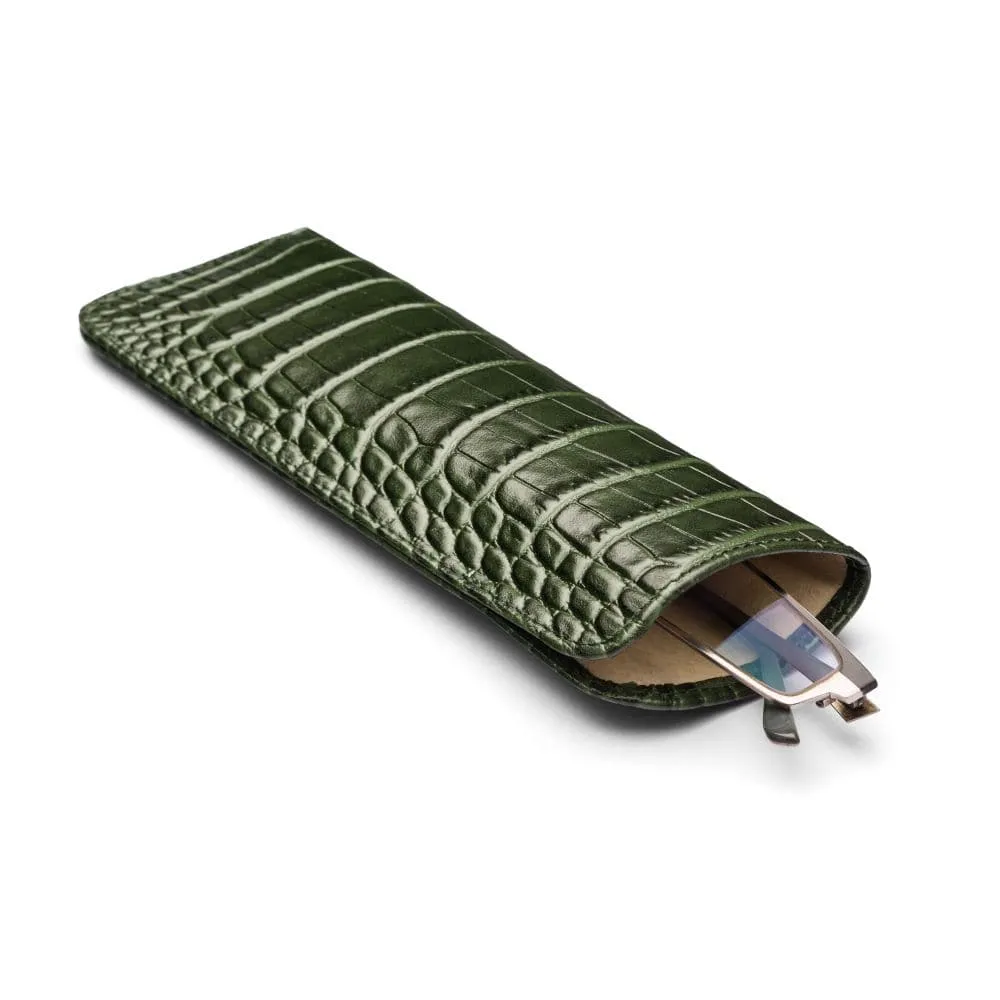 Large Leather Glasses Case - Green Croc