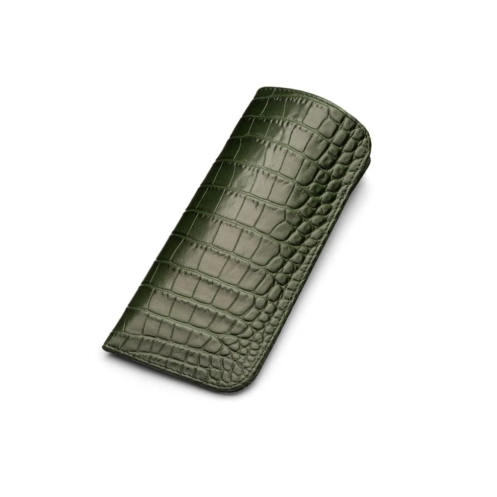 Large Leather Glasses Case - Green Croc