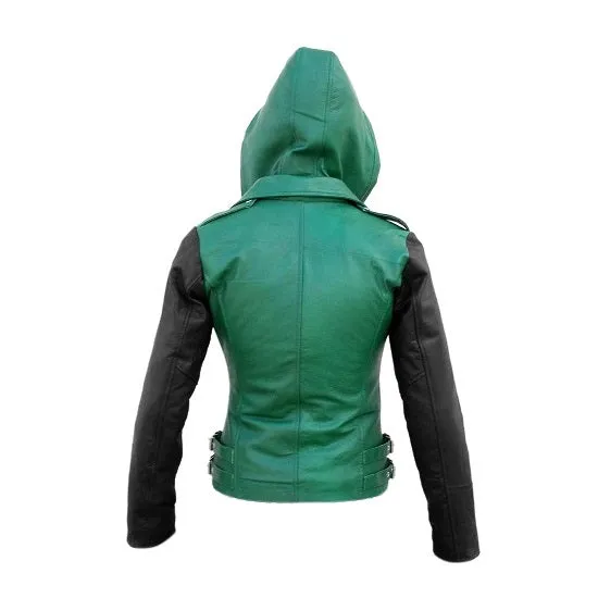 Leather Skin Women Hoodie Green Brando Genuine Leather Jacket with Black Sleeves