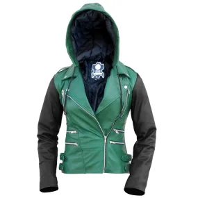 Leather Skin Women Hoodie Green Brando Genuine Leather Jacket with Black Sleeves