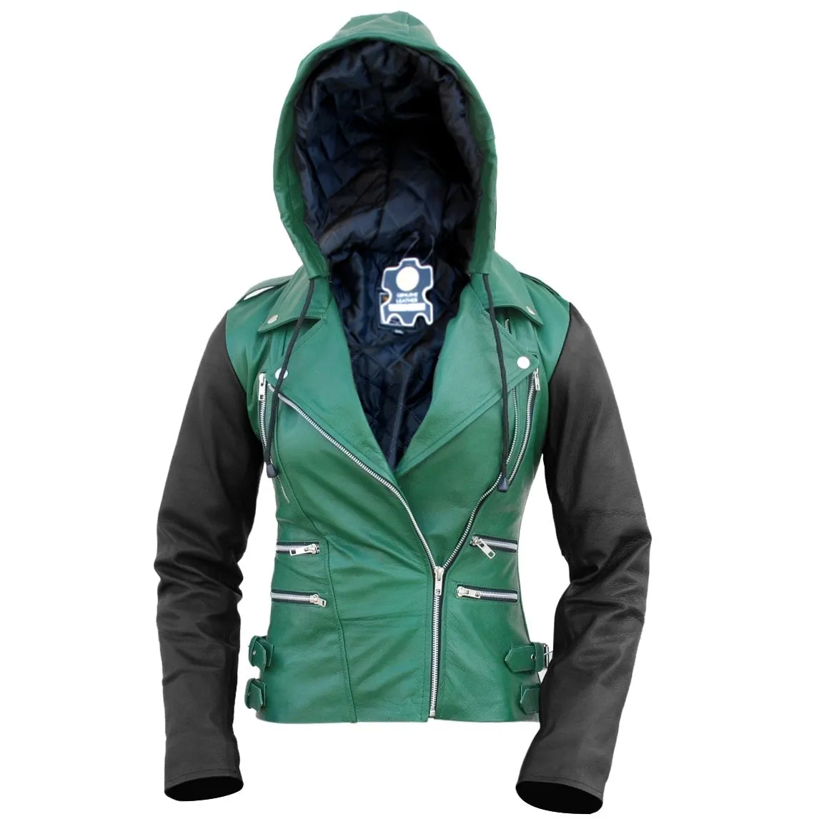 Leather Skin Women Hoodie Green Brando Genuine Leather Jacket with Black Sleeves