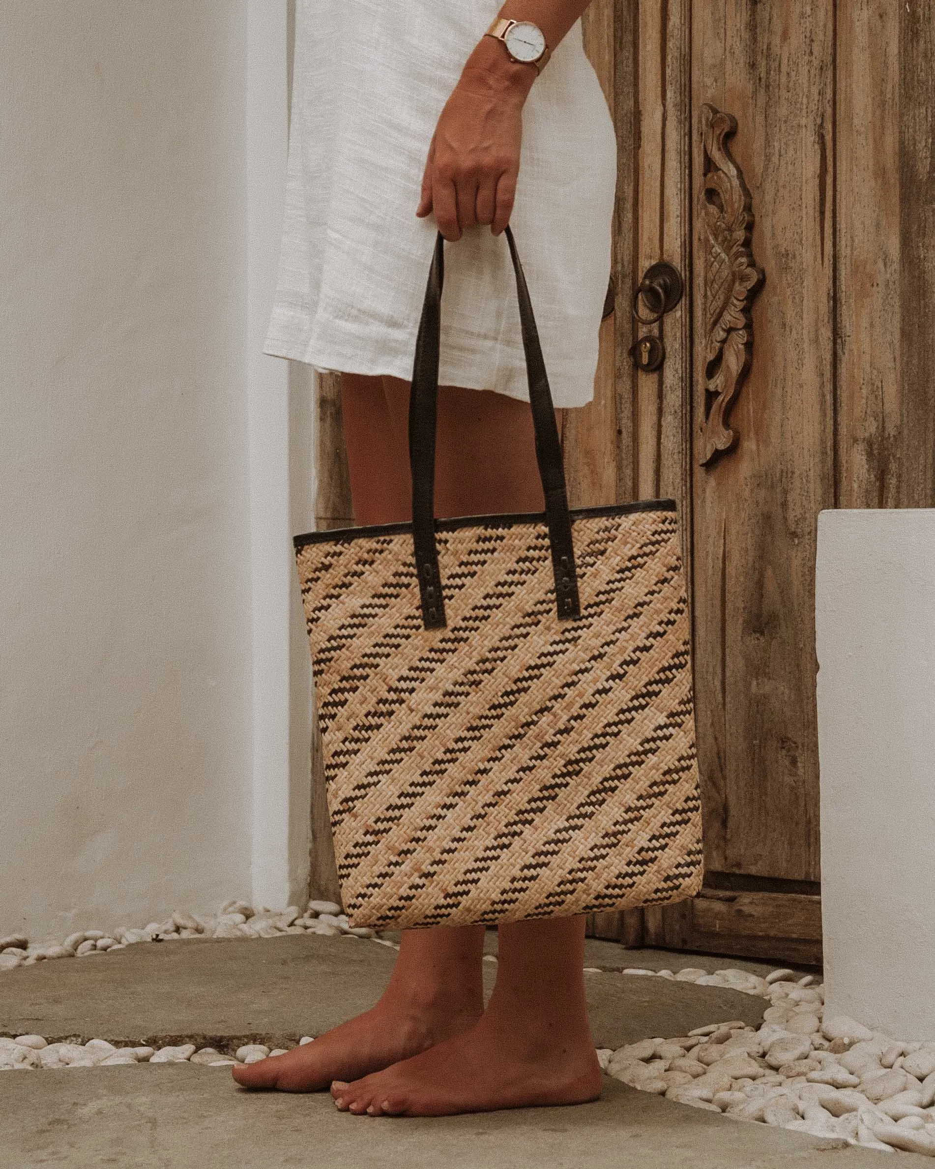 Leather Straw Shoulder Bag Striped