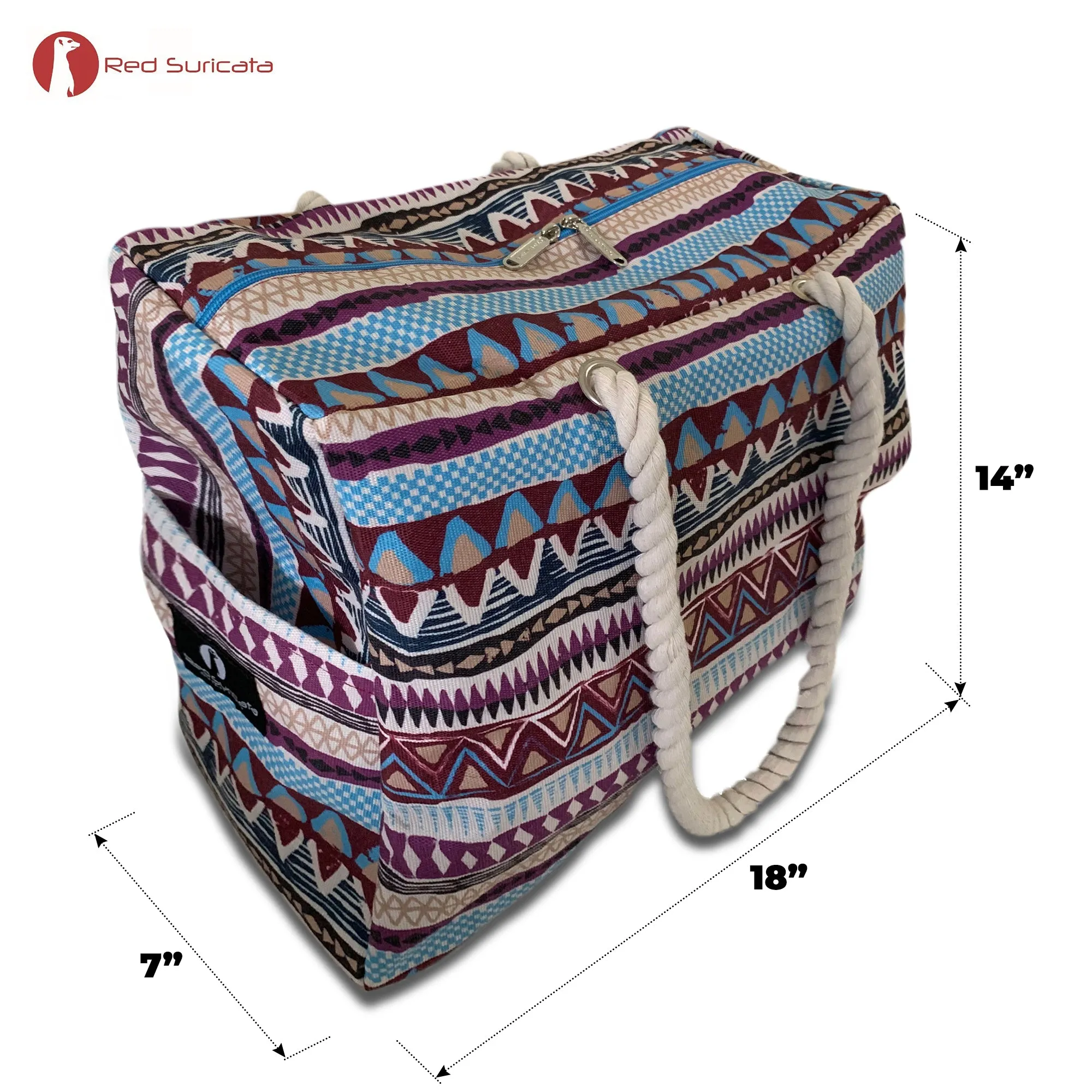 Red Suricata Kiowa Style Large Waterproof Boho Beach Bag with Rope Handles