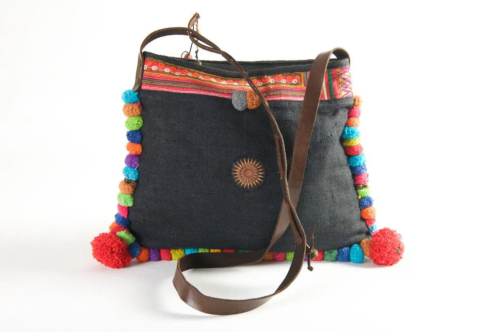 Roman Holiday - Vintage Boho Shoulder Bag in Charcoal Hemp,   Vintage Hmong Tribal Fabric