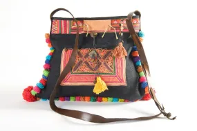 Roman Holiday - Vintage Boho Shoulder Bag in Charcoal Hemp,   Vintage Hmong Tribal Fabric