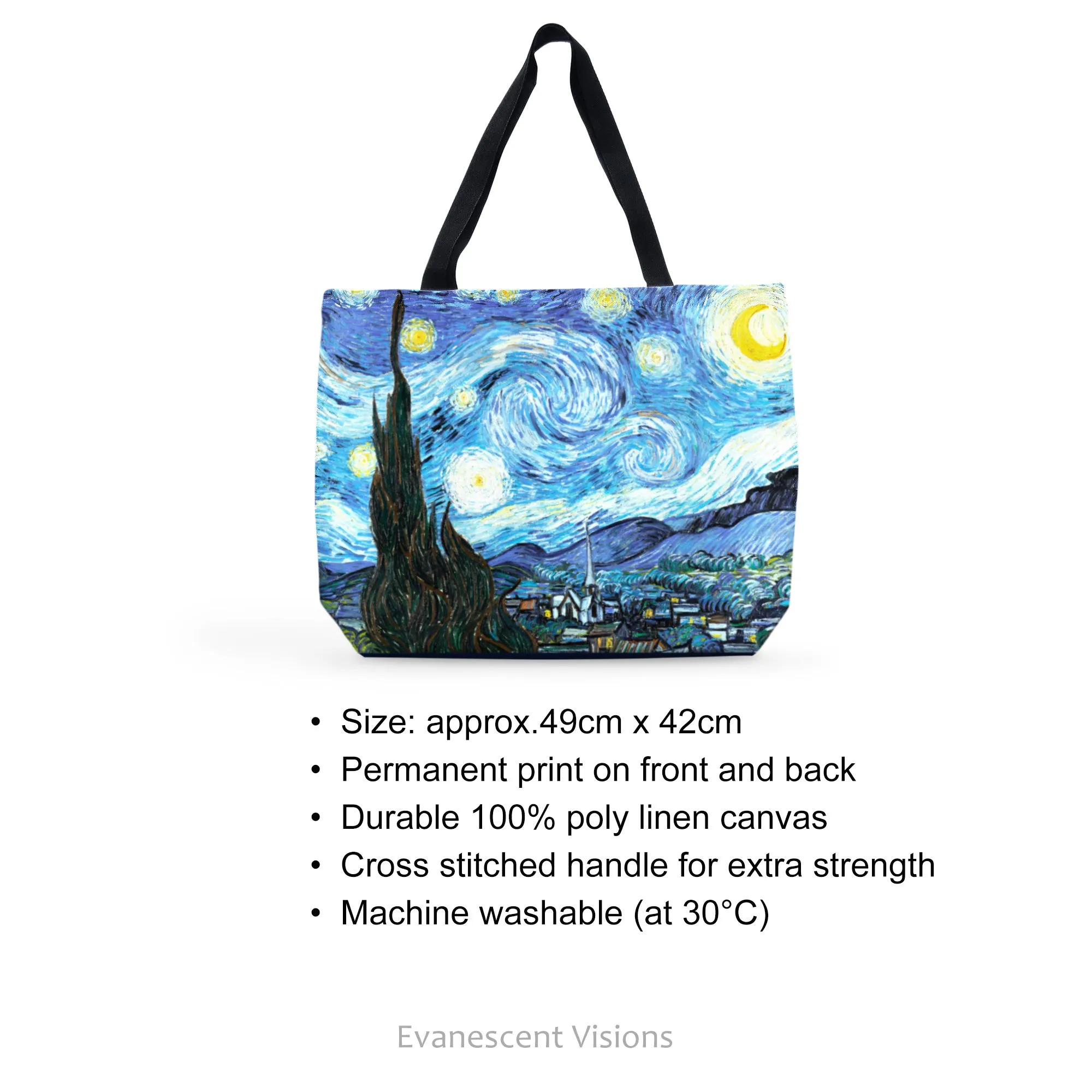 Starry Night Van Gogh Large Art Canvas Tote Bag, Shopping Bag