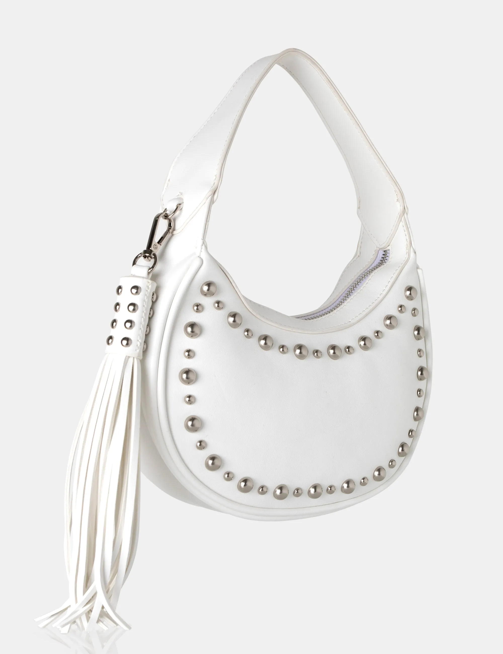 The Cato White Pu Studded Tassel Boho Shoulder Bag