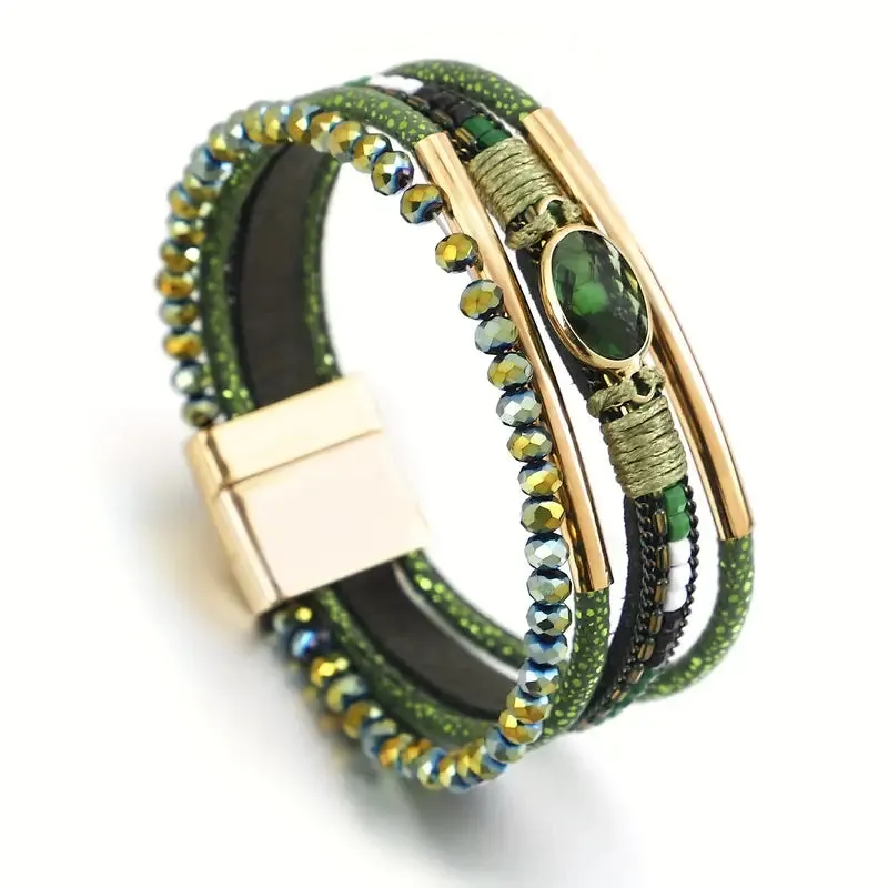 Vintage-Inspired Bohemian Braided PU Leather Wrap Bracelet - Adorned with Artificial Crystal Gemstones For Women